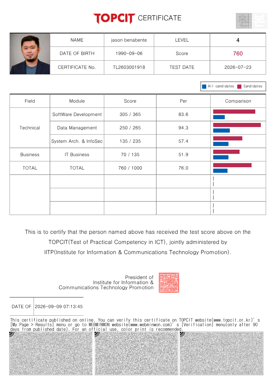 TOPCIT certificate for Jason Benabente showing Level 4 and a score of 760 out of 1000